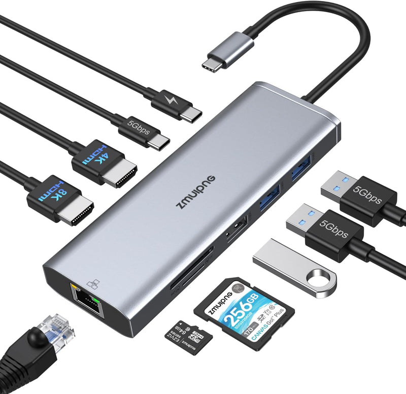 USB C Docking Station Dual Monitor 8K+4K HDMI Display, 10-in-1 4K@120Hz Dockingstation USB C Hub mit