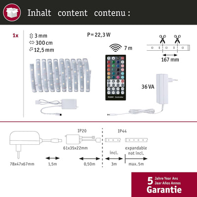 Paulmann 79881 LED Stripe MaxLED 250 Basisset 3m RGBW IP44 Protect Cover incl. 1x18 Watt Stripe Stri