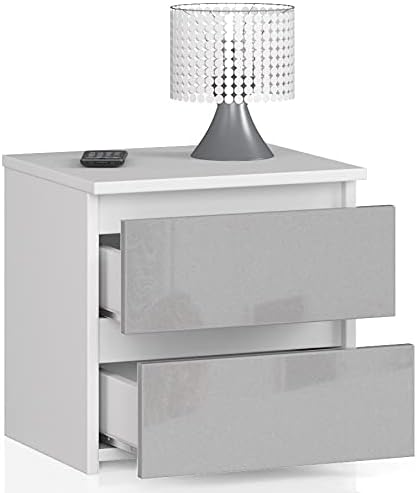 AKORD Nachttisch in minimalistischer Optik, mit 2 Schubladen, B40 x H40 x T35 cm Weiss / Metallic-gl