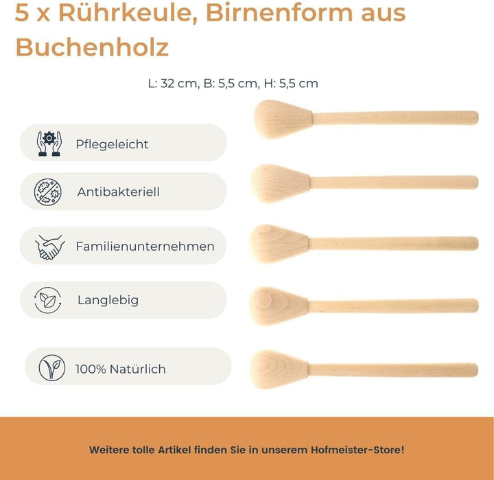 5x HOFMEISTER® Holz-Rührkeule, robuster Passierstab, 32 cm, 1 Stück, zum Kneten von Teig, zum Passie