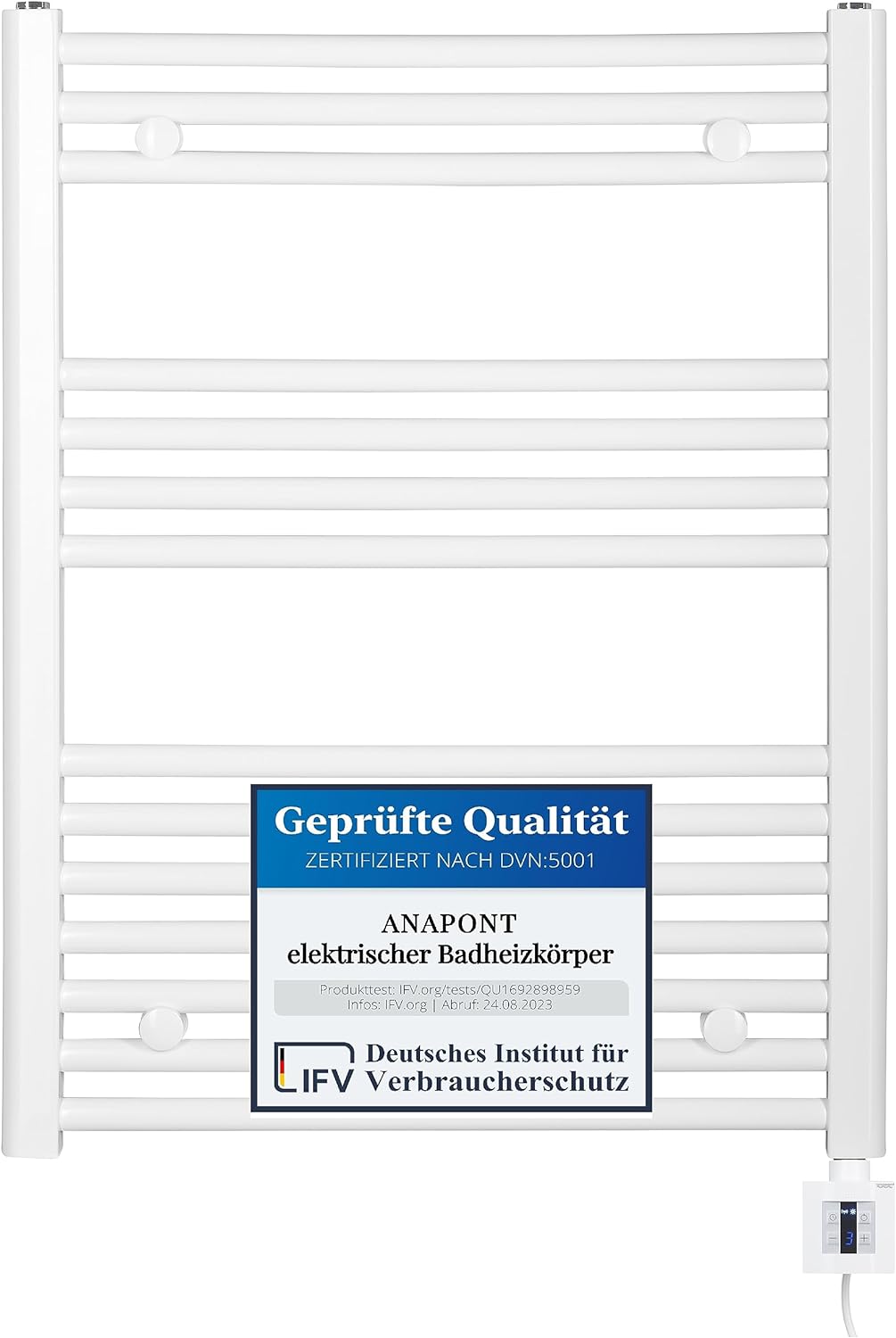 anapont elektrischer Badheizkörper 775x400 - weiss gerade - Timer-Funktion - Handtuchheizkörper - Ba