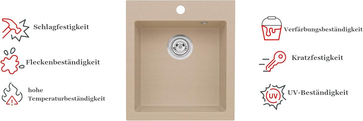 VBChome Spülbecken mit Armatur 45 x 50 cm Beige Einzelbecken Einbauspüle Spüle Küchenspüle Spültisch