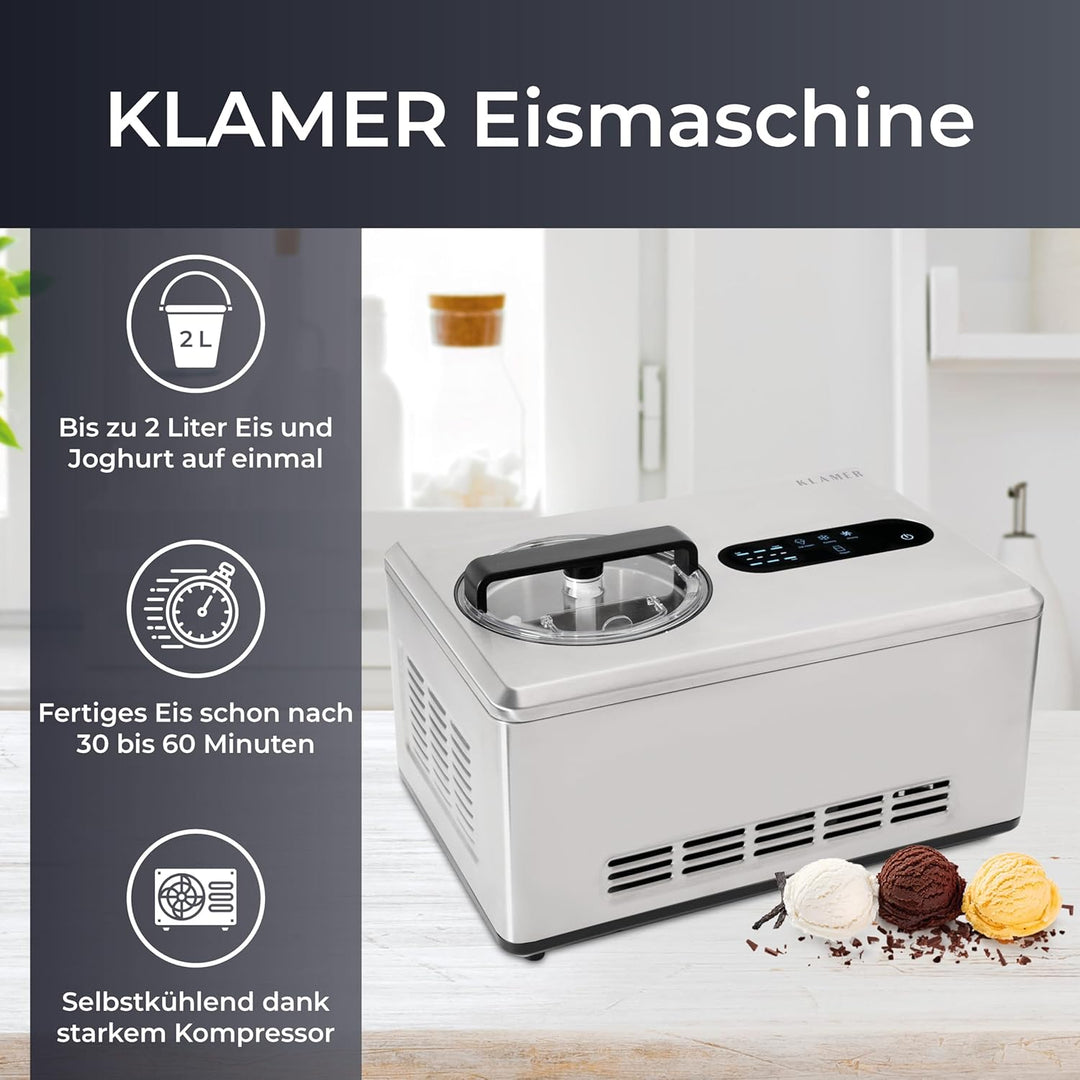 KLAMER 2-in-1 Eismaschine & Joghurtbereiter 2 L, 220 W Eiscrememaschine aus Edelstahl mit Kühl- und