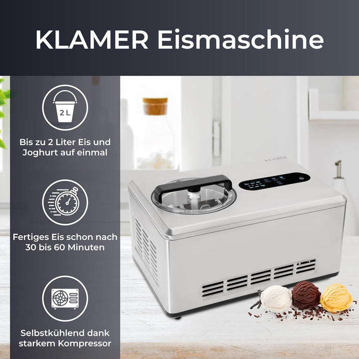 KLAMER 2-in-1 Eismaschine & Joghurtbereiter 2 L, 220 W Eiscrememaschine aus Edelstahl mit Kühl- und