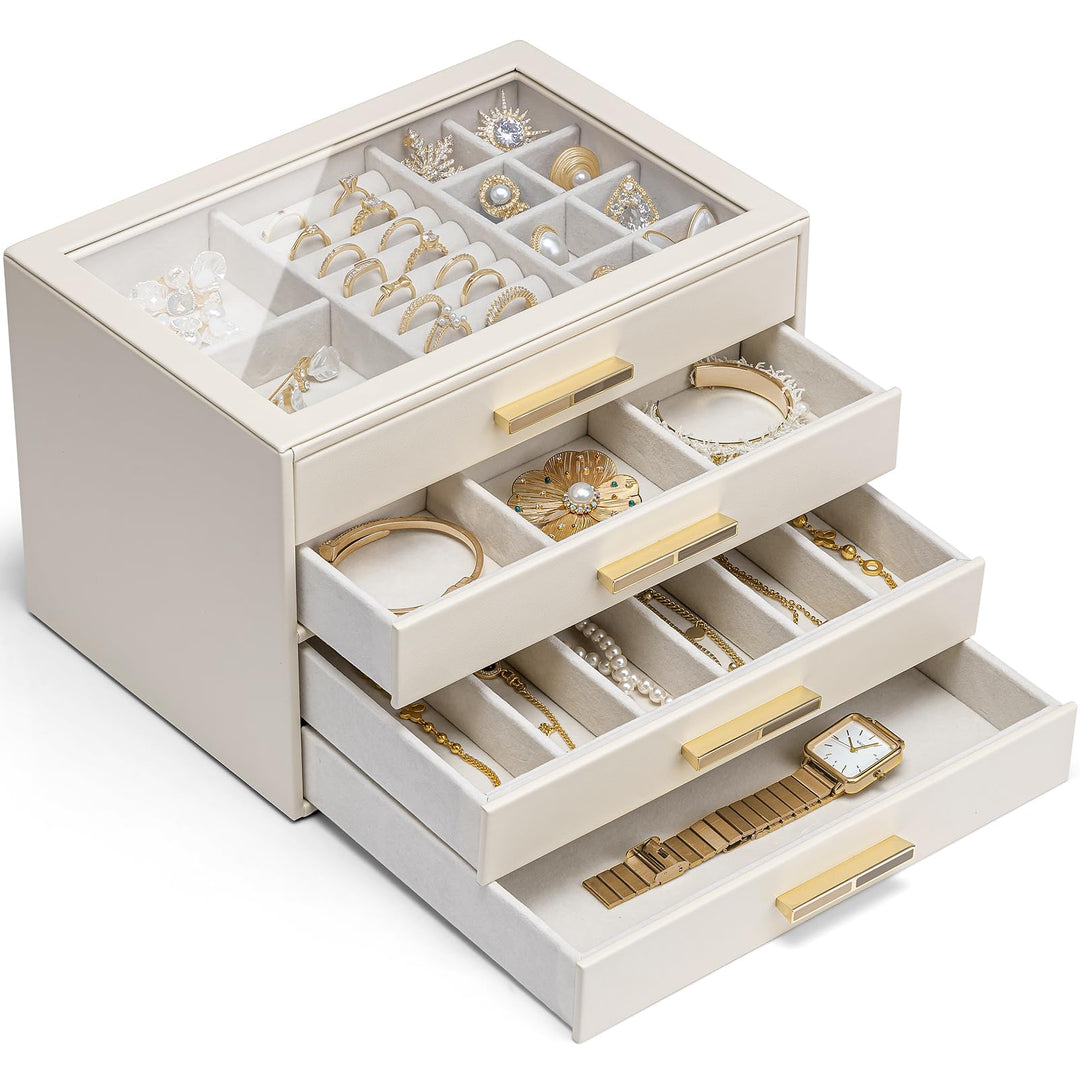 VLANDO Schmuckkästchen Gross, Schmuckkasten mit 4 Ebenen, Schmuck Organizer mit Glasdeckel, 4 Schubl