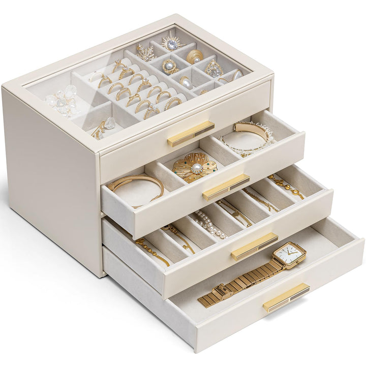 VLANDO Schmuckkästchen Gross, Schmuckkasten mit 4 Ebenen, Schmuck Organizer mit Glasdeckel, 4 Schubl