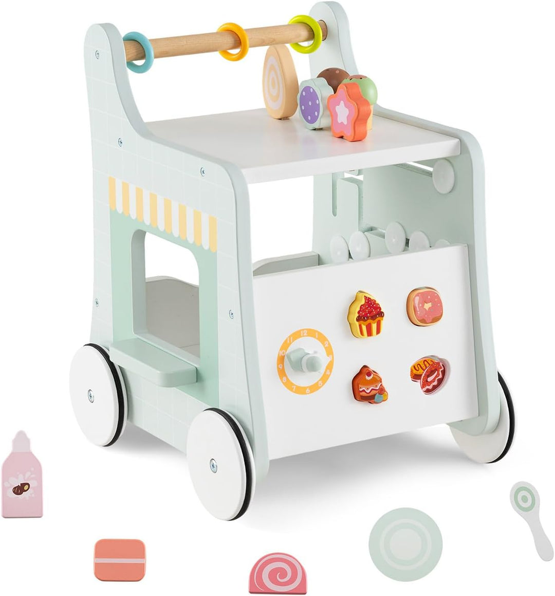 DREAMADE Lauflernwagen Holz, 6-in-1 hölzerne Lauflernhilfe, Baby Walker mit Blöcken & Zubehör, Lernl