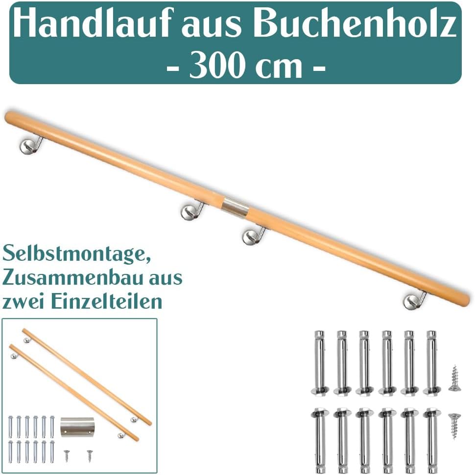 Buche Holz Handlauf Treppengeländer Geländer für Treppe Wandhandlauf V2Aox | 300 cm, Wand, seitliche