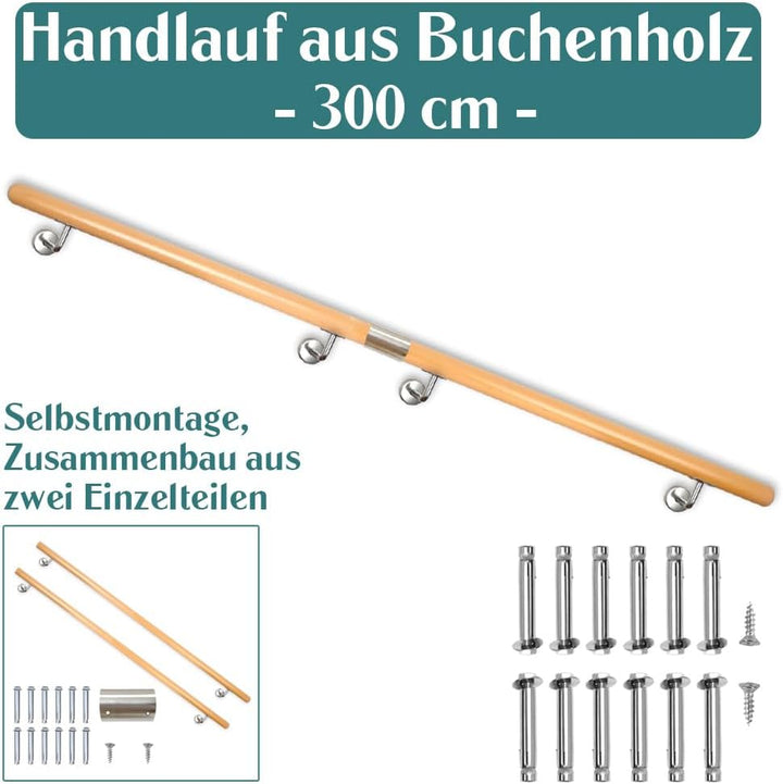 Buche Holz Handlauf Treppengeländer Geländer für Treppe Wandhandlauf V2Aox | 300 cm, Wand, seitliche