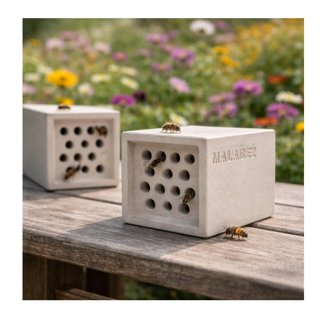 Bienenhotel aus Beton für Wildbienen und Insekten für den Garten (Nisthilfe) - Maladez