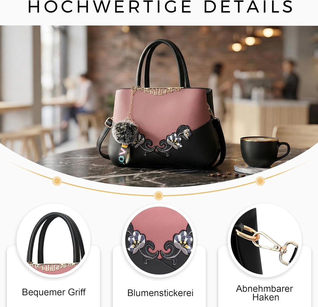 VARLIVOO Handtasche Damen Mittelgross Elegant Taschen mit Blumenstickerei Leader PU Henkeltasche Fra