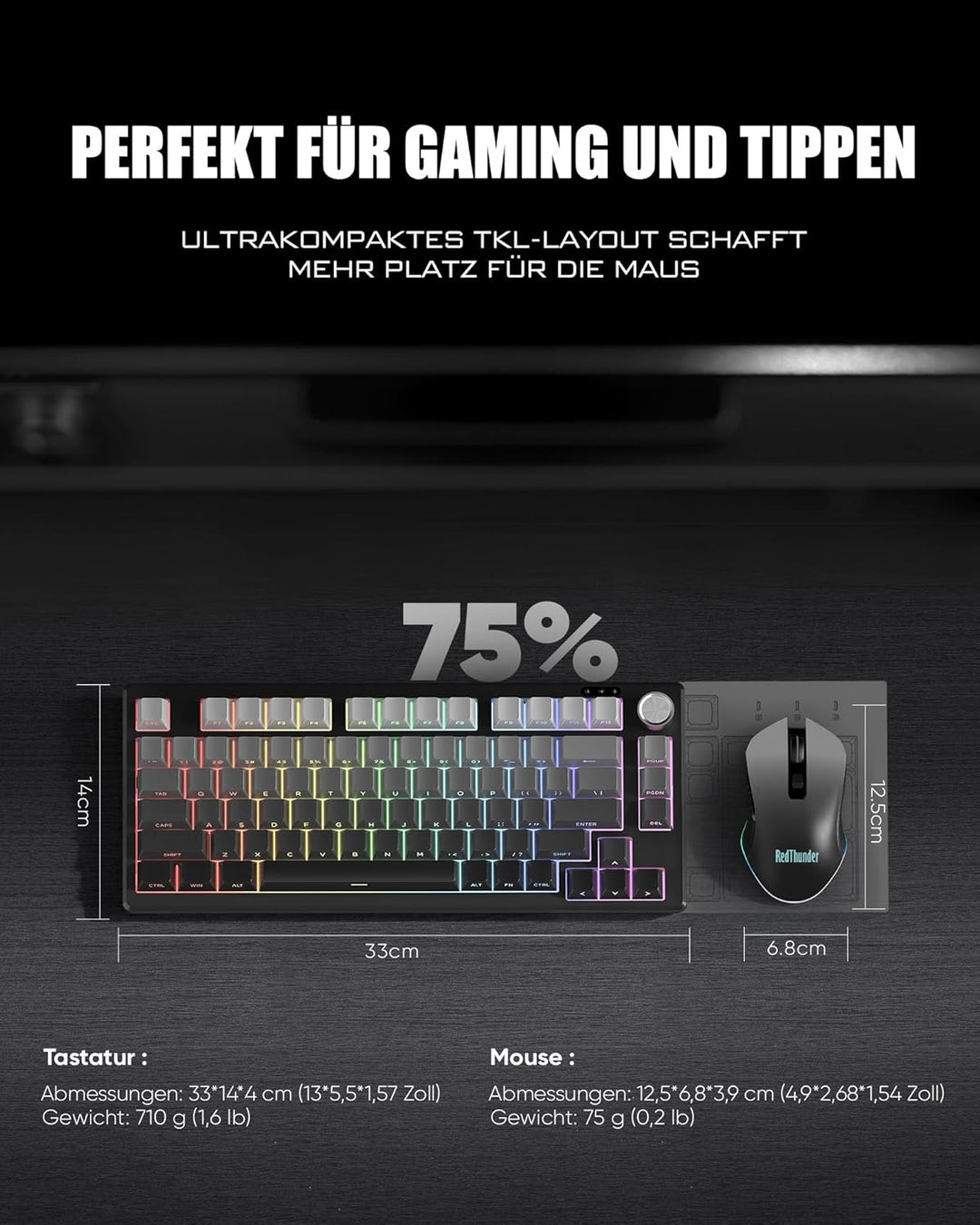 RedThunder K75 Gaming Tastatur und Maus Set Kabellos, 75% US Layout, Seitliche TKL Membrantastatur,