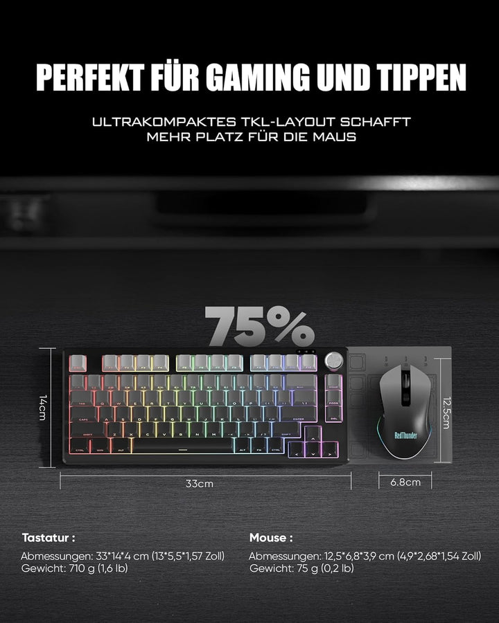 RedThunder K75 Gaming Tastatur und Maus Set Kabellos, 75% US Layout, Seitliche TKL Membrantastatur,