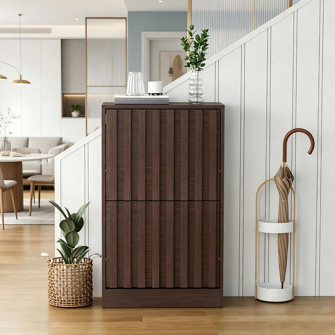 UEV Schuhschrank mit 2 Klappen Schmal Holz Schuhkipper Schuhkommode mit Kippschutz, Schuhaufbewahrun