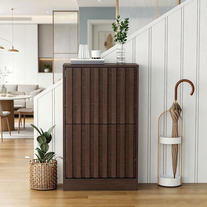 UEV Schuhschrank mit 2 Klappen Schmal Holz Schuhkipper Schuhkommode mit Kippschutz, Schuhaufbewahrun