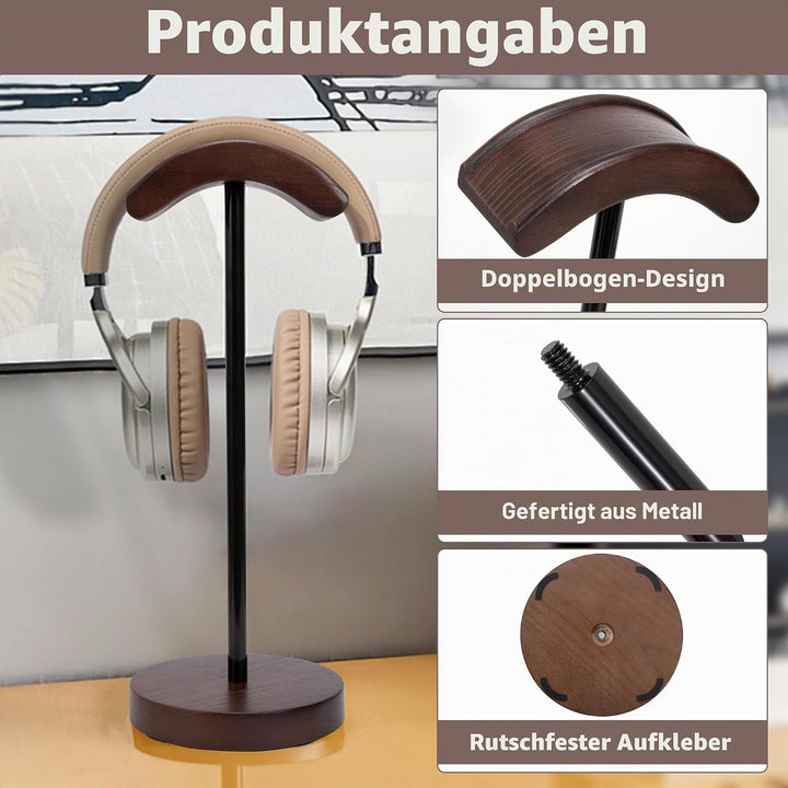 Kopfhörer Ständer Holz, Wood Headset Halterung aus Walnussholz und Metall mit Anti Rutsch Pad für Al