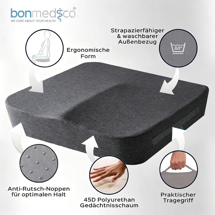 bonmedico Sitzkissen orthopädisch - Ergonomisches Memory Foam Kissen für Bürostuhl, Auto, Rollstuhlk