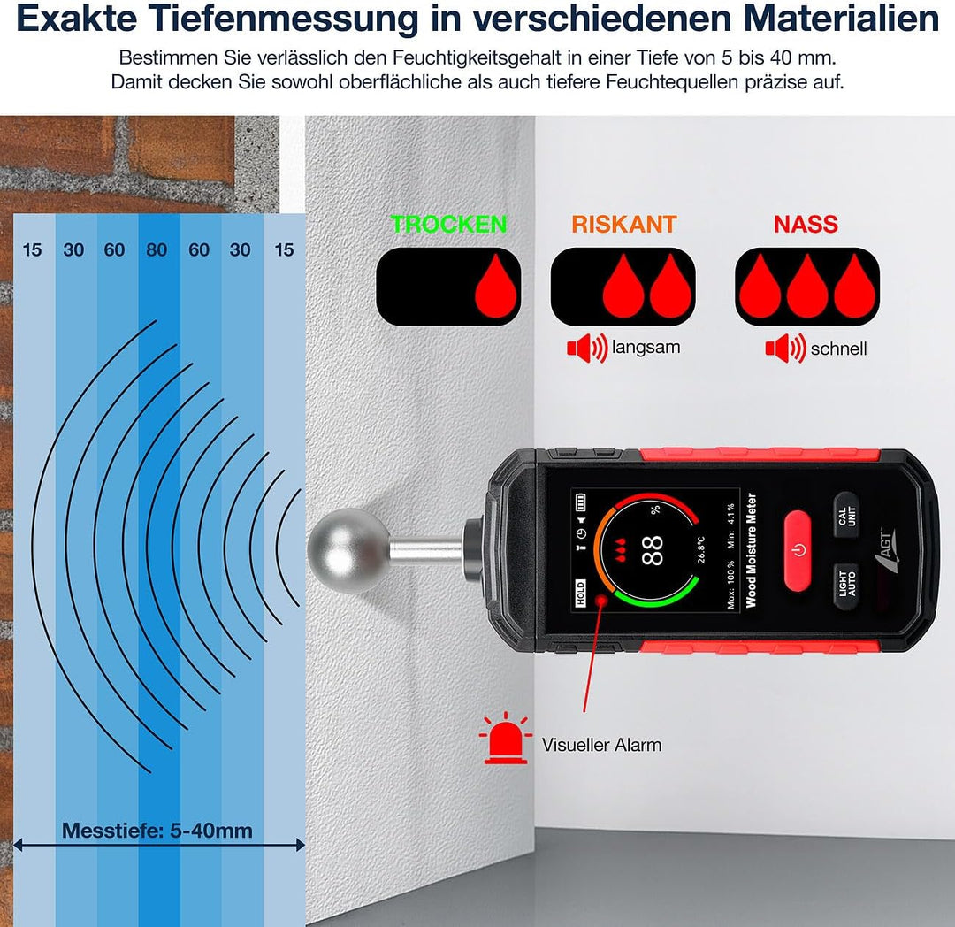 AGT Feuchtemesser: Akku-Feuchtigkeits-Messgerät, nichtinvasive Messung, Farb-LCD, 5-40 mm (Digitales