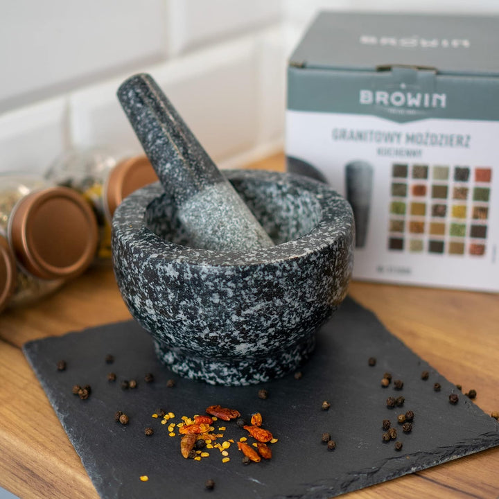 BROWIN® Küchenmörser mit Stössel aus Granit 312008 | Ø 13 cm | Zerkleinerer für Kerne, Gewürze, Nüss