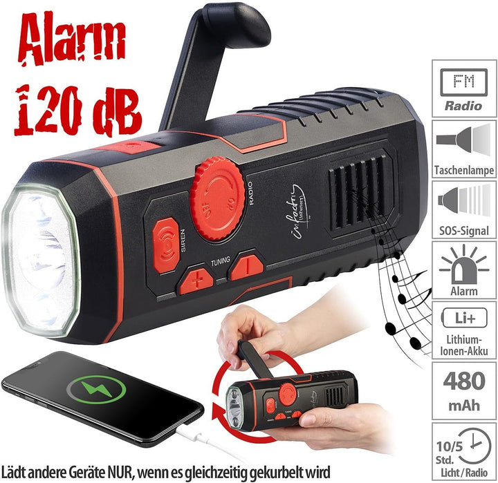 infactory Radio mit Kurbel: Dynamo-FM-Radio und Taschenlampe mit 120-dB-Sirene, USB-Ladefunktion (So