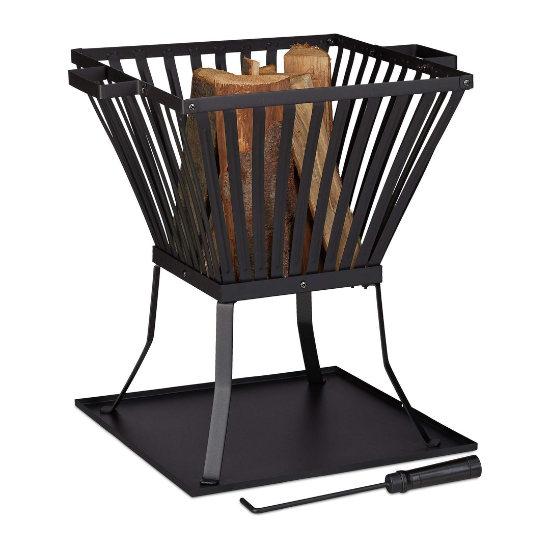 Relaxdays Feuerkorb XL mit Schürhaken, Terrasse u. Garten Feuerschale mit Unterlage, für Holz, HBT 5