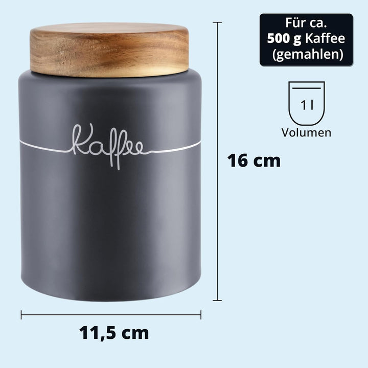 KHG Kaffeedose luftdicht, Keramik Steingut in Anthrazit Grau mit Holz-Deckel, Kapazität 1 Liter, Vor