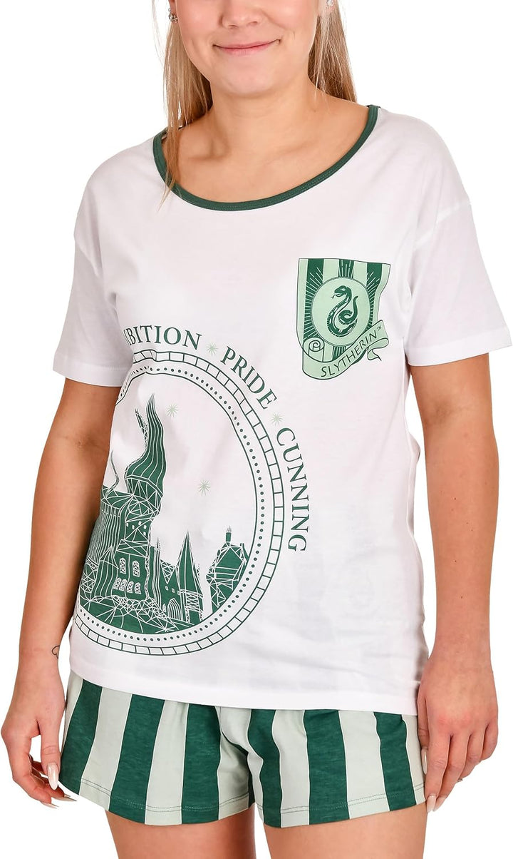 Elbenwald Harry Potter Pyjama Hogwarts Häuserwappen alle Hogwartshäuser Frontprint 2teilig für Damen
