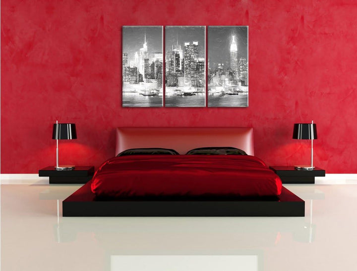 Pixxprint New York City Skyline bei Nacht Kohle Effekt 3-Teiler Leinwandbild 120x80 Bild auf Leinwan