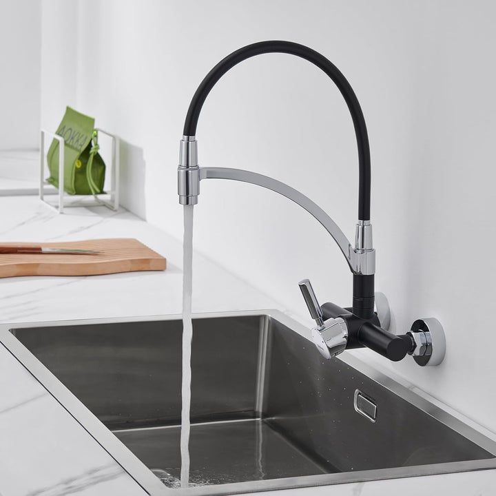 Flexibler Wasserhahn Küche Wandmontage, Edelstahl Wandarmatur 180° Drehbar mit Flexiblem Silikon-Aus