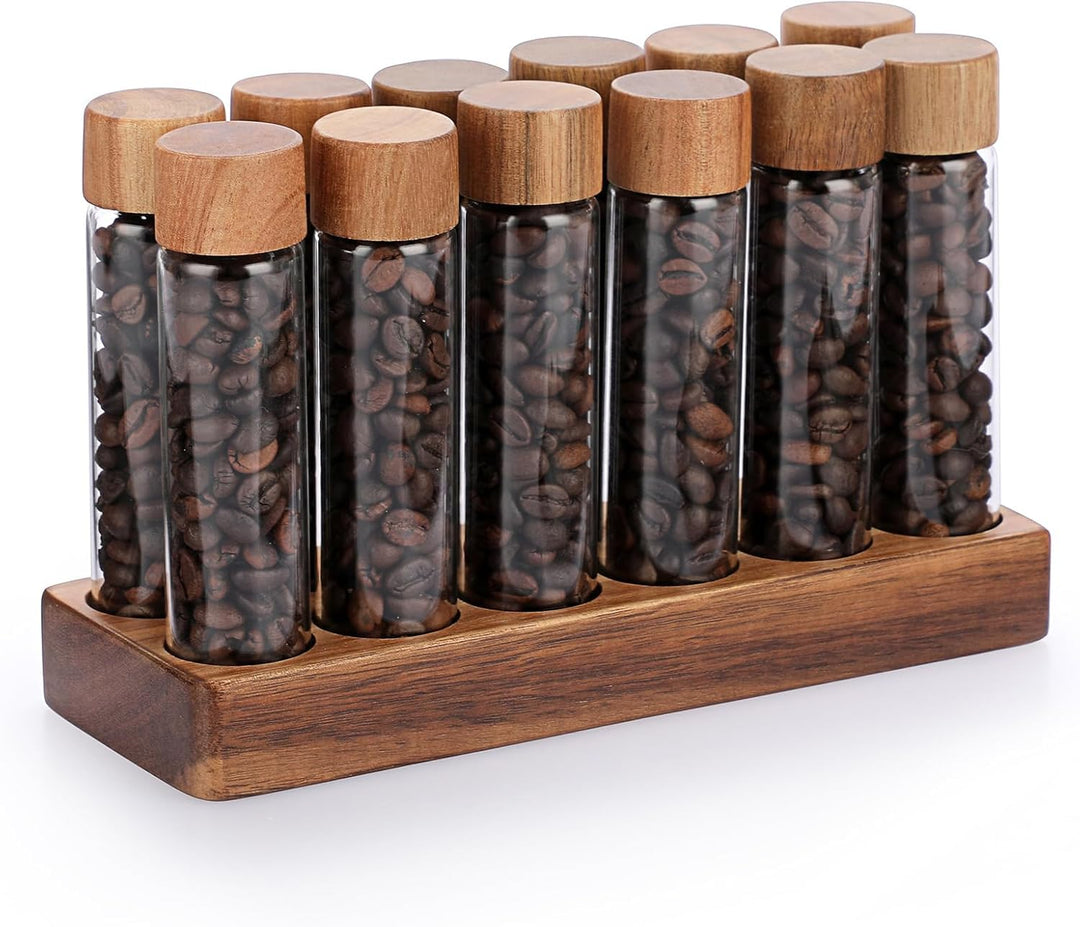 12 Stück Single Dose Kaffeebohnen Aufbewahrung mit Holz Halter, Aufbewahrung Röhrchen Set für Espres
