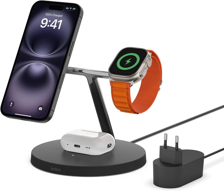 Belkin drahtloses MagSafe 3-in-1-Ladegerät, MagSafe ladestation 15 W, schnelles Laden für das iPhone