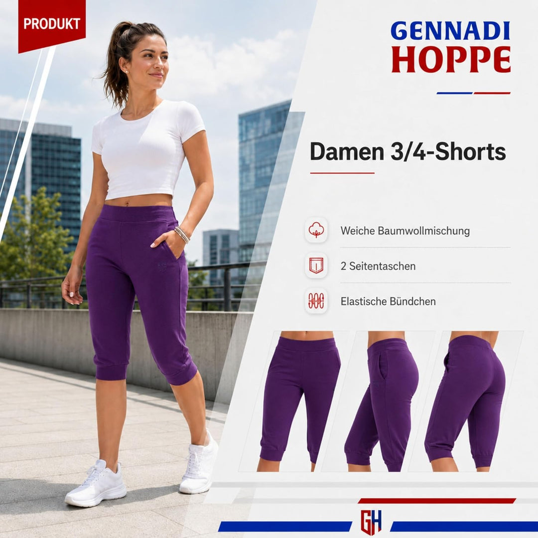 Gennadi Hoppe Damen 3/4 Trainingshose Sporthose kurz Hose Sport &amp; Fitness Shorts S Lila (Purple), S