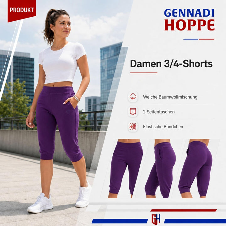 Gennadi Hoppe Damen 3/4 Trainingshose Sporthose kurz Hose Sport &amp; Fitness Shorts S Lila (Purple), S