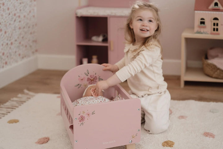 Little Dutch Puppenbett Bett für Babypuppen Puppen Holz rosa mit Blume - rosa