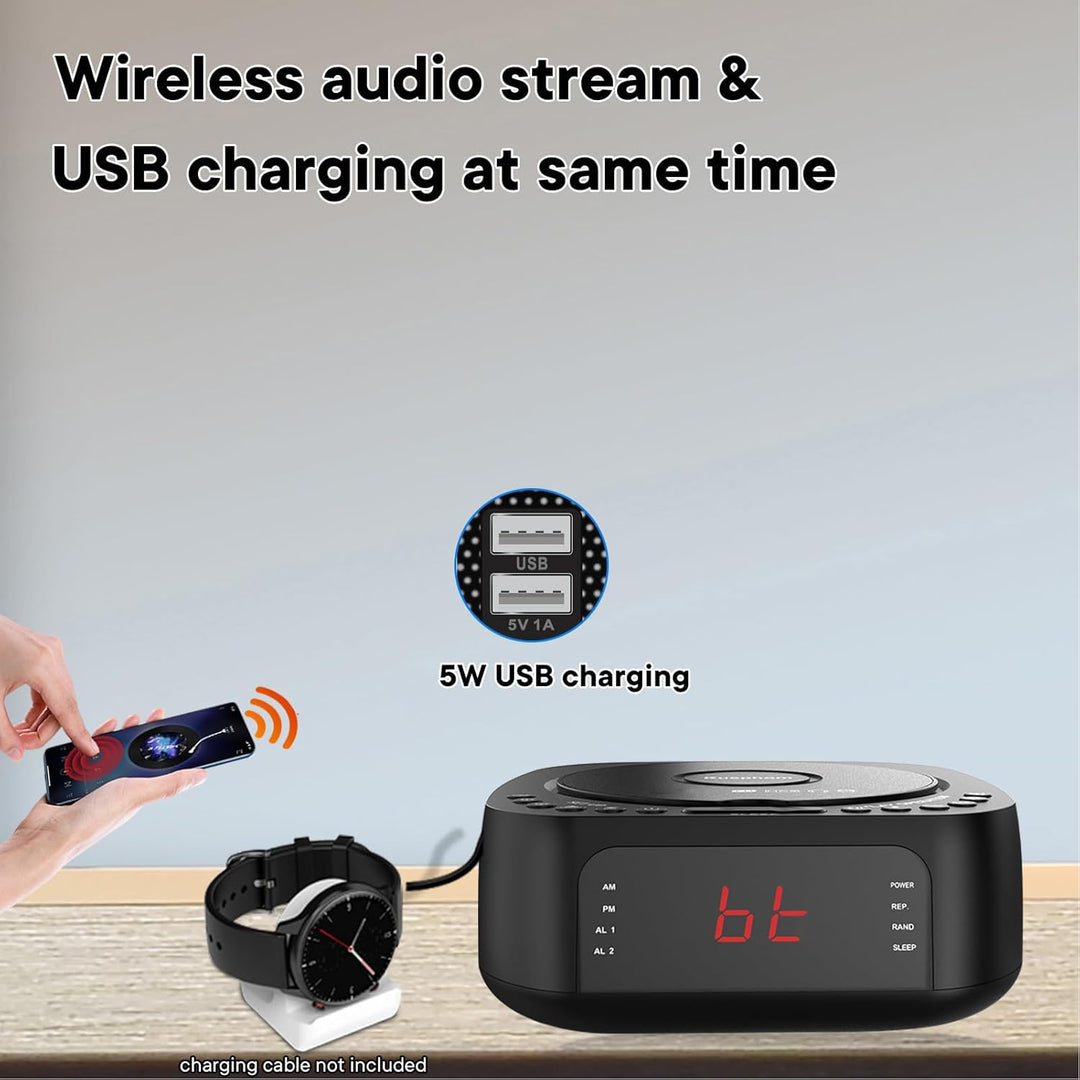 CD-Player-Wecker mit Fernbedienung, Verstellbarem LED-Display, USB-Ladegerät und Dimmbarem Display f