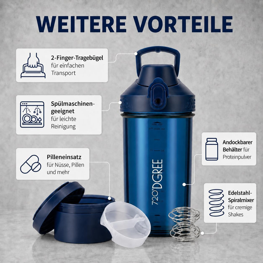 720°DGREE Protein Shaker mit Pulverfach 550ml “uberShaker“ – Auslaufsicher, BPA-Frei, Skala, Spiralm