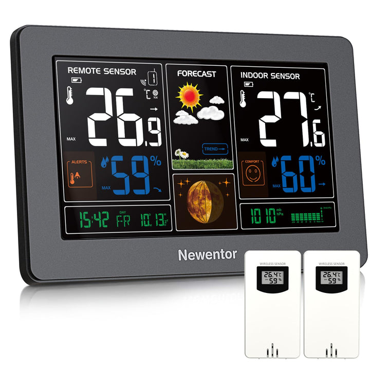 Newentor Wetterstation Funk mit 2 Aussensensoren - Funkwetterstation mit Wettervorhersage, Temperatu