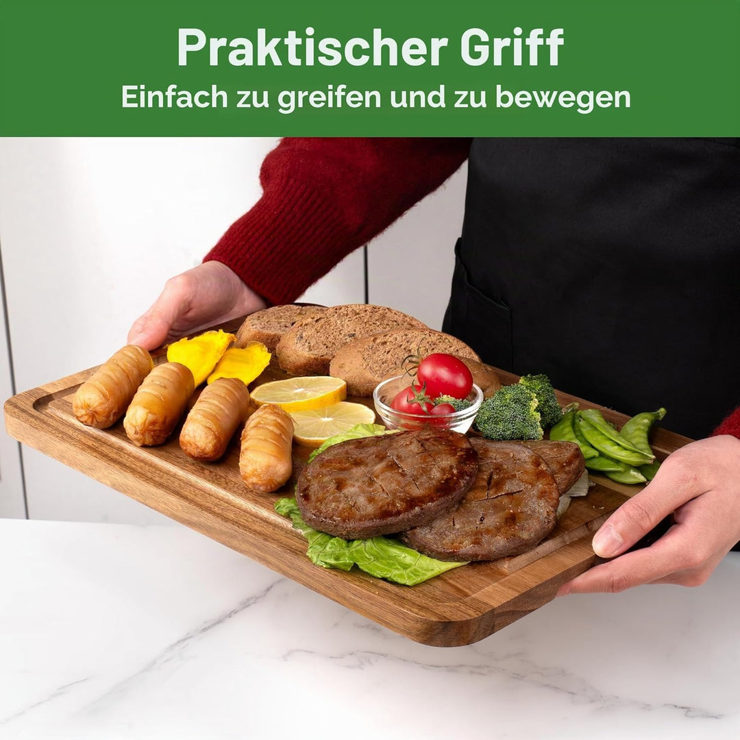Schneidebrett aus Akazienholz, 3er-Set mit Saftrille, inklusive Freiständer und Obstmesser, doppelse