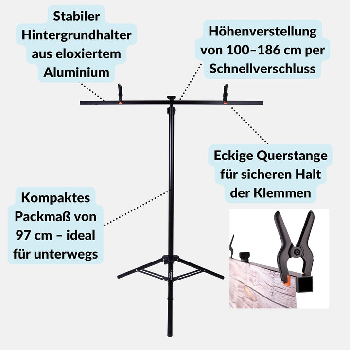 Lens-Aid Hintergrundhalter Fotostudio: Ausfahrbares Stativ mit Querträger für Fotohintergründe, 2 Kl