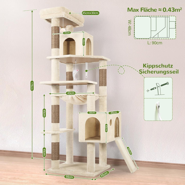 Globlazer Kratzbaum Beige Grosse hoch 178 cm mit Grosser Hängematte 43 * 36CM, 2 Katzenhaus, Gepolst
