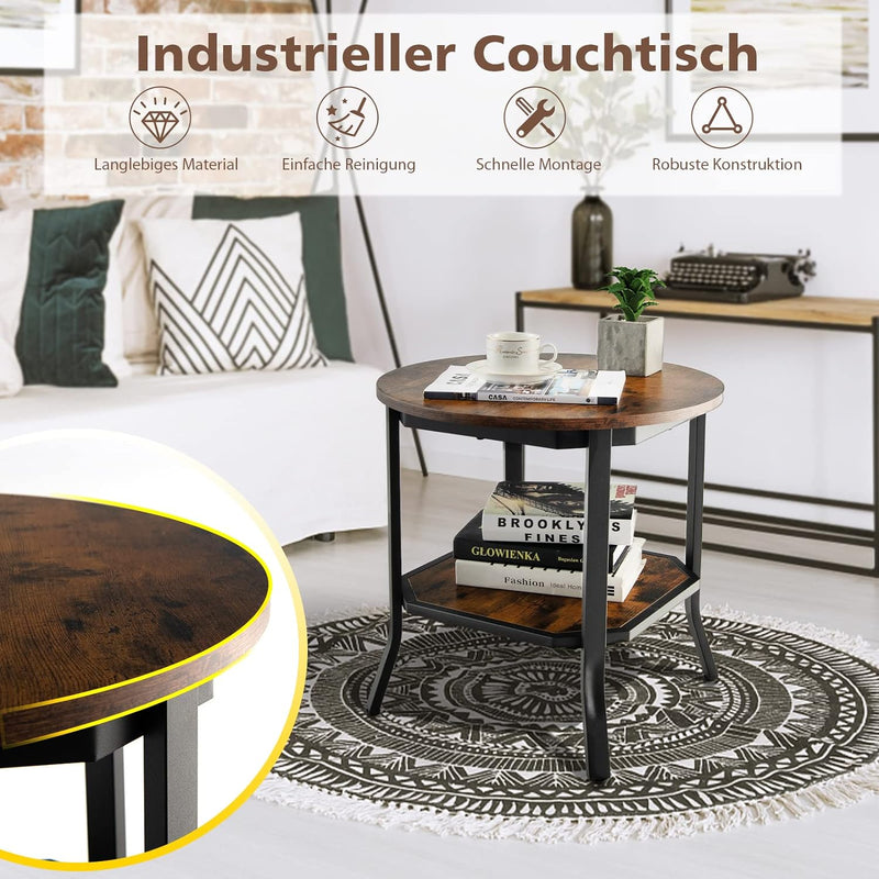 COSTWAY Runder Beistelltisch industriell, Couchtisch Klein mit 2 Ablagen, Nachttisch mit Stahlgestel