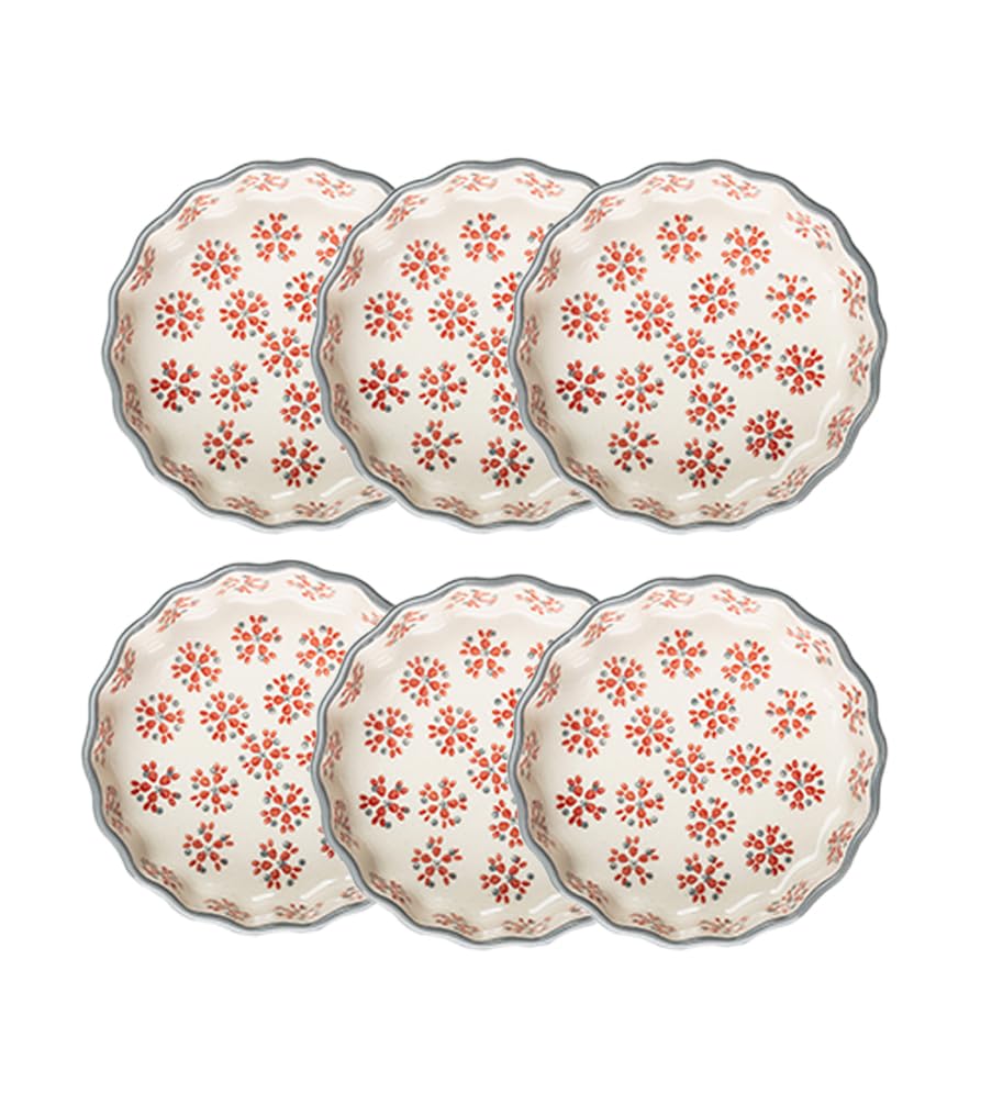 Tranquillo 6er Set Tarteletteform aus Steinzeug mit handgestempeltem Print Grau-Rot RETRO, Ø11 x 3 c