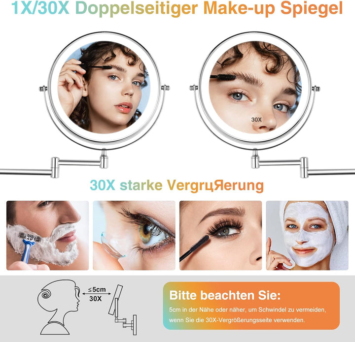 LED Kosmetikspiegel mit 30-facher Vergrösserung, Wandmontage, USB-Aufladung, Chrom Silber 30X, Silbe