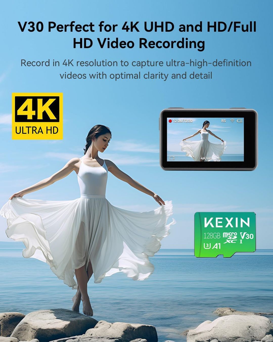 KEXIN Micro SD Karte 128GB microSDXC UHS-I A1, Class 10, U3, V30, Full HD-Videos Speicherkarte 128 G