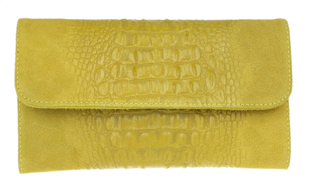Girly Handbags Schlichte Clutch aus italienischem Wildleder mit Krokodilmuster, Gelb