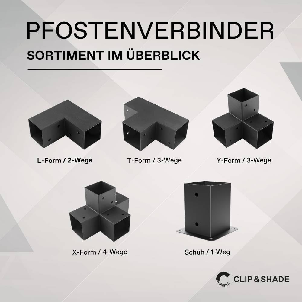 CLIP &amp; SHADE Pfostenschuh 100x100 mm 1-Weg | Pfostenträger Aufschraubhülse Holz 10x10 cm | Balkensch