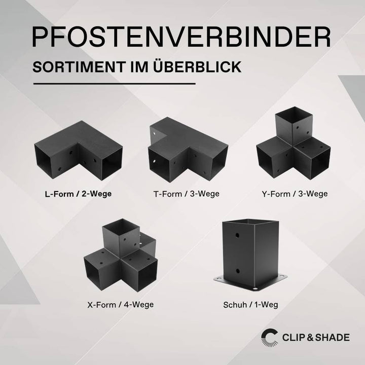 CLIP &amp; SHADE Pfostenschuh 100x100 mm 1-Weg | Pfostenträger Aufschraubhülse Holz 10x10 cm | Balkensch