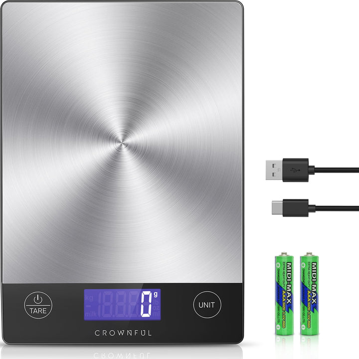CROWNFUL Wiederaufladbare Lebensmittel-Küchenwaage, 33-Pfund-Digitalwaage, Food Scale zum Backen und