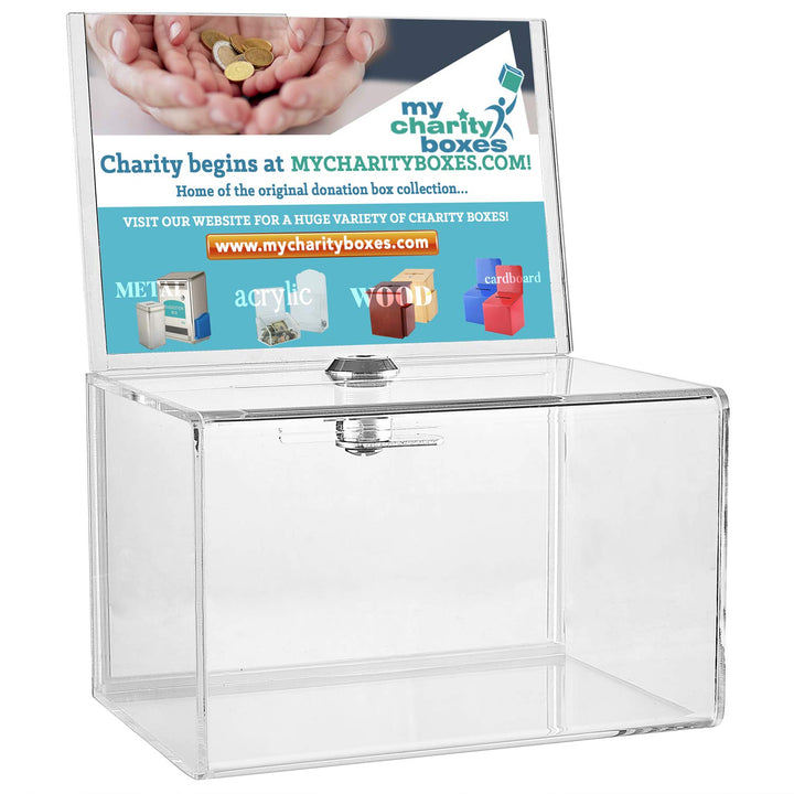 My Charity Boxes Inc. MCB Spendensammelbox aus transparentem Acryl mit Schloss – klein – mit 4–6 Dis