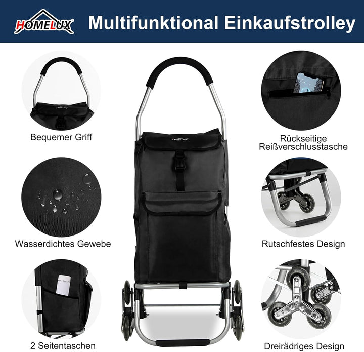 Einkaufstrolley 41L mit Dreiecks-Treppenrädern, Klappbar Einkaufswagen 50kg Belastbar, Abnehmbare Wa